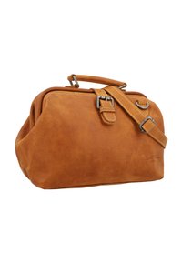 Braune Lederhandtasche mit runder Form, kurzen Griffen und einem abnehmbaren Schultergurt. Verfügt über silberne Beschläge und sichtbare Nähte.