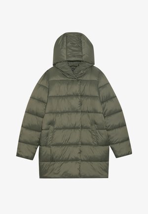 Chaqueta acolchada tipo puffer en verde oliva con capucha y dos bolsillos frontales, diseñada para el clima frío.