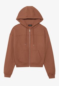 Sudadera marrón con capucha y cremallera, con bolsillos frontales, puños acanalados y ajuste holgado. Hecha de tela suave con textura lisa.