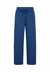 Blauwe wijde sweatpants met elastische tailleband en trekkoord, gemaakt van zacht materiaal, weergegeven tegen een witte achtergrond.