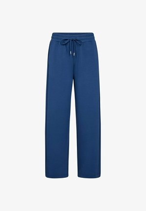 Blauwe wijde sweatpants met elastische tailleband en trekkoord, gemaakt van zacht materiaal, weergegeven tegen een witte achtergrond.