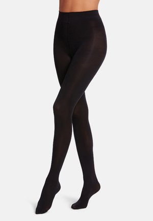 Zwarte ondoorzichtige panty’s met een gladde textuur, hoge taille en naadloze constructie, ideaal voor lagen of om op zichzelf te dragen.