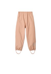 Vodoodporne hlače barve breskve z elastičnim pasom, zategnjenimi manšetami in stranskimi trakovi. Na njih je upodobljen logotip v kontrastni barvi.