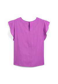 Maglietta viola a maniche corte con superficie strutturata, scollatura rotonda e dettaglio a bottone sul retro, caratterizzata da una vestibilità morbida e rilassata.