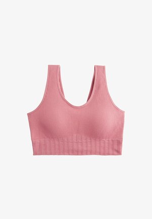 Helles rosa geripptes Bralette mit breiten Schulterträgern, einem Rundhalsausschnitt und einem strukturierten Bund. Aus elastischem Stoff für hohen Tragekomfort.