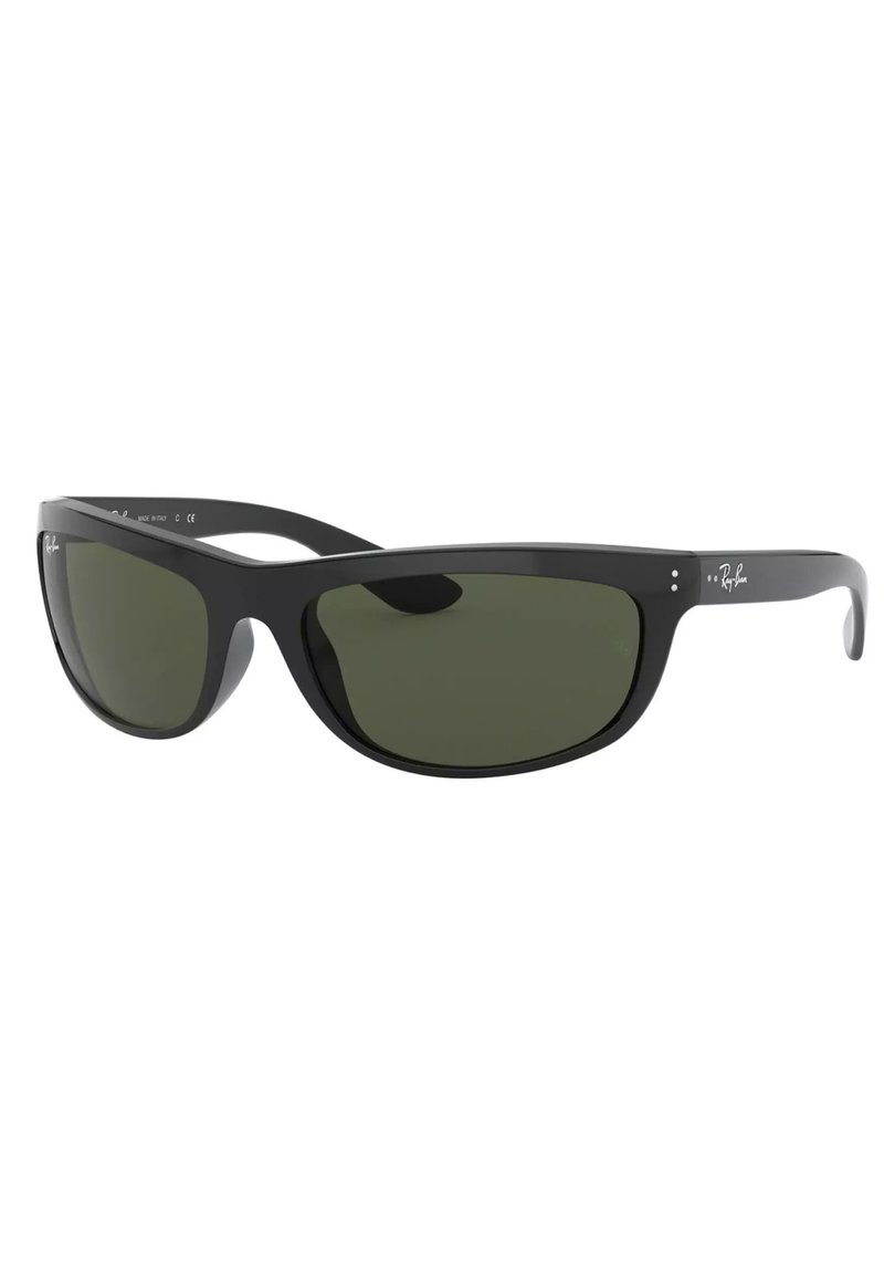 Schwarze Sonnenbrille mit einem eleganten, umschließendem Design. Verfügt über dunkelgrüne Gläser und dezente Logo-Details an den Bügeln. Leichtes Material.