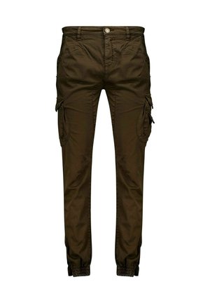 Cargo pants in donkergroen olijf, gemaakt van een katoenmix. Kenmerken zijn onder andere zijzakken, elastische boorden en een knopen sluiting.