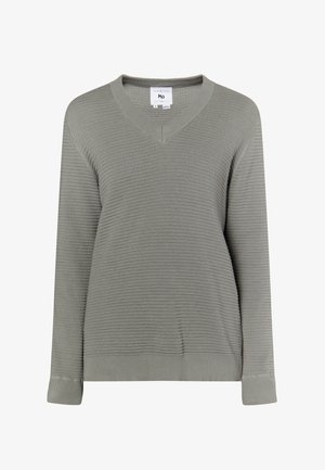 Világosszürke, gofriszerű kötésű pulóver V-nyakkal, hosszú ujjakkal, bordás szegéllyel és mandzsettákkal. Puha anyagból készült, textúrált felülettel.