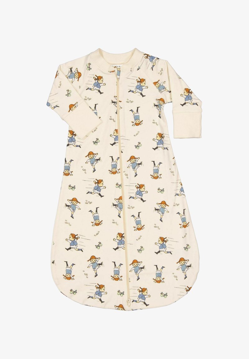 Sac de couchage beige pour bébé avec fermeture éclair, illustré avec une fille aux cheveux roux en robe bleue courant et jouant avec un chat noir.