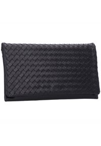 Mustekki nahkalompakko, jossa on kudottu musta pinta, teksturoidun pinnan, suorakulmaisen muodon ja taittuvan läppädesignin, joka varmistaa turvallisen suljennan.