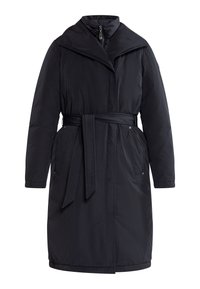 Sort dunjakke med bred krave, lynlåslukning og bælte. Har sidelommer og en knælang skæring med en glat, mat overflade.