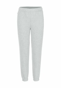 Pantalones jogger de color gris claro, hechos de una tela suave, con cinturilla elástica y puños ajustados para un ajuste cómodo. Sin bolsillos visibles.