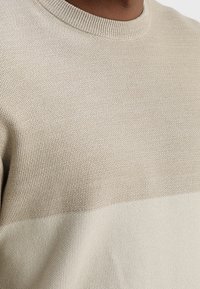 Beige Strickpullover mit strukturiertem Design, geripptem Ausschnitt und einem etwas dunkleren oberen Abschnitt. Hergestellt aus weichem Material.