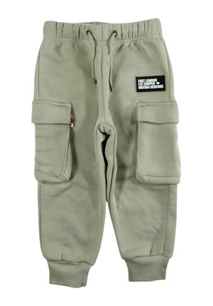 Pantaloni cargo jogger verde chiaro per bambini con vita con coulisse, polsini elastici, tasche laterali con patta e patch con logo nero sulla coscia destra.
