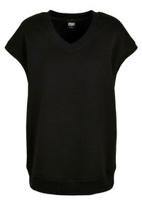 Czarna, oversizeowa bluza z dekoltem w kształcie litery V, krótkimi rękawkami typu cap i miękką fakturą. Posiada prążkowane wykończenia przy dekolcie i u dołu dla dodatkowego detalu.