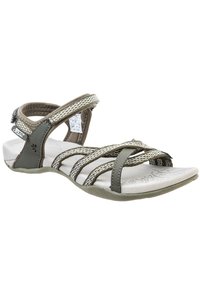 Olivgrön sandal med vävda textilremmar och en dämpad fotsula. Har justerbar hälrem och strukturerad sula för bra grepp.