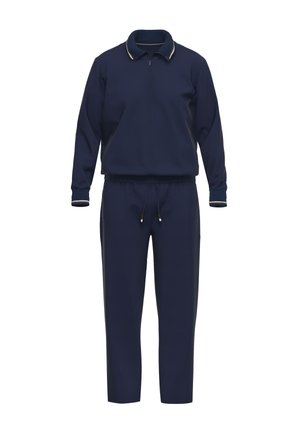 Marineblauer Trainingsanzug mit einer Reißverschlussjacke mit geripptem Kragen und kontrastrierenden Besätzen, kombiniert mit elastischen Hosen mit Gummizug und seitlichen Taschen.