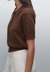 Ruskea neulottu polo-paita, jossa on kaulus ja lyhyet hihat. Fitted-mallinen, joka loppuu vyötärön ylle. Tekstuuri näkyvissä kankaan yksityiskohdissa.