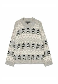 Halli kampsun lumememme mustriga, millel on ümmargune kaelus ja pikad varrukad. Kaunistatud valgete ja helehallide geomeetriliste mustritega.