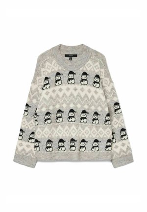 Grijze trui met een sneeuwpop-patroon, met een ronde hals en lange mouwen. Geaccentueerd met witte en lichtgrijze geometrische ontwerpen.