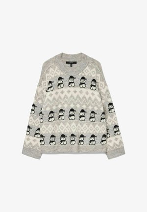Grå sweater med snemandsmønster, der har en rund halsudskæring og lange ærmer. Fremhævet med hvide og lysegrå geometriske designs.