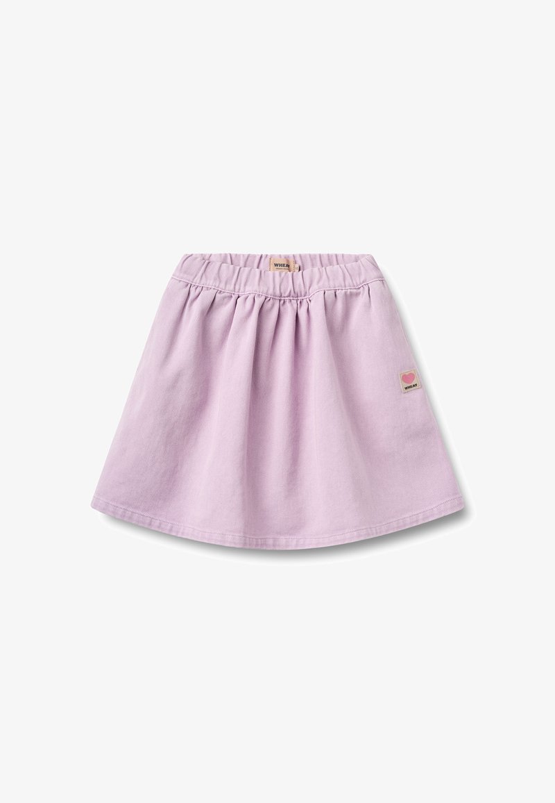 Jupe lilas pour tout-petit avec taille élastique et petite pièce beige avec un cœur rose et texte sur le côté droit devant.