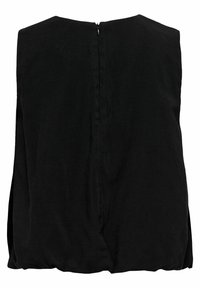 Haut noir sans manches avec fermeture éclair au dos et ourlet légèrement froncé, présenté sur un fond blanc uni.