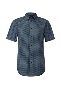 Short-sleeve button-up shirt in dark blue fabric, features a geometric floral pattern, pointed collar, and rounded hem with black buttons.