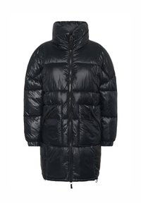 Svart blank lång vadderad jacka med hög krage, framdragkedja och sidofickor med dragkedja.