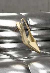 Μέταλλο χρυσό γοβάκι με λουράκι στο πίσω μέρος, μυτερή μύτη και μικρό, τετράγωνο τακούνι. Λείο φινίρισμα και μινιμαλιστικός σχεδιασμός. Τοποθετημένο σε λαμπερό ασημί φόντο.