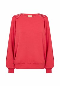 Sudadera de manga larga en color coral con detalles de encaje texturizado en los hombros, puños acanalados y un corte relajado. Acabado en tejido suave.