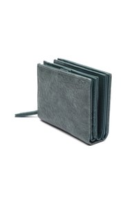 Folded wallet in textured, dark teal leather. Features multiple card slots and a compact design with stitching details.