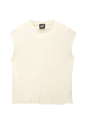 Bezramkowa bluzka w kolorze off-white, wykonana z bawełny. Charakteryzuje się okrągłym dekoltem i czystym, minimalistycznym wzornictwem z lekko opadającymi pachami. Miękka tekstura.