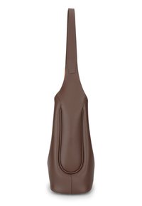 Brown leather shoulder bag with a single strap, smooth texture, elongated shape, and subtle stitching details. Minimalist design.