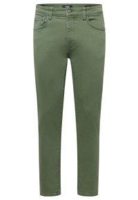Pantalon homme slim fit vert olive avec fermeture bouton et zip, poches avant et poche monnaie, ainsi que passants de ceinture.