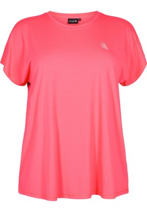 Felroze sport-T-shirt met korte mouwen, ronde hals en klein wit logo op de borst, maat medium.