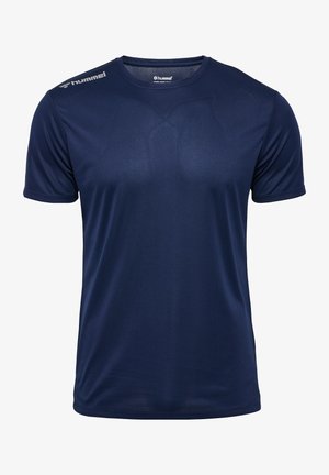 Marineblaues Kurzarm-Athletik-T-Shirt aus atmungsaktivem Stoff, mit Rundhalsausschnitt und Logodetail auf der Schulter.