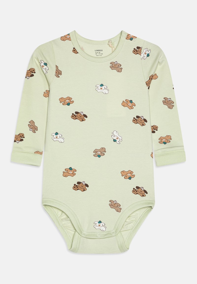 Hosszú ujjú baba body puha menta zöld anyagból, különböző barna és fehér árnyalatú mackók mintájával, hímzett részletekkel.