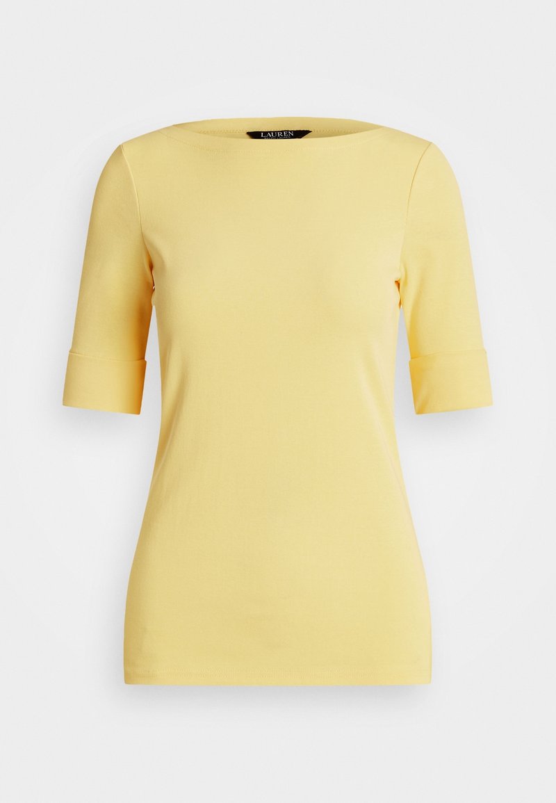 Yellow cotton t-shirt with a boat neckline, short sleeves, and rolled cuffs. Smooth texture, fitted silhouette, and no visible patterns.