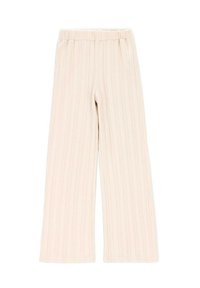 Jasnobeżowe spodnie z szerokimi nogawkami o fakturze prążkowanej, z elastycznym paskiem w talii. Wykonane z miękkiego, oddychającego materiału.