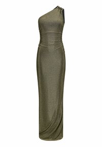 Robe longue à épaule unique en vert olive métallique, avec des détails froncés et un drapé sur le côté, fabriquée dans un tissu scintillant.