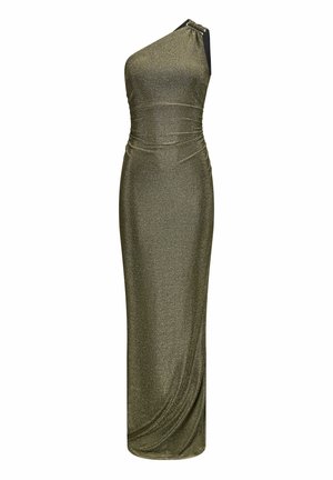 Ein schulterfreies, bodenlanges Kleid in metallic olivgrün, mit gerafften Details und einer seitlichen Drapierung, hergestellt aus einem schimmernden Stoff.