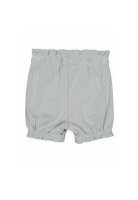 Světlé šedé kraťasy vyrobené z měkké tkaniny, s elastickým pasem a nařasenými okraji, s texturovaným vzorem po celém povrchu.
