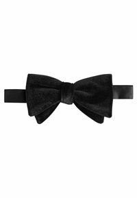 Black velvet bow tie with a smooth texture and symmetrical design, featuring a central knot and an adjustable satin strap.