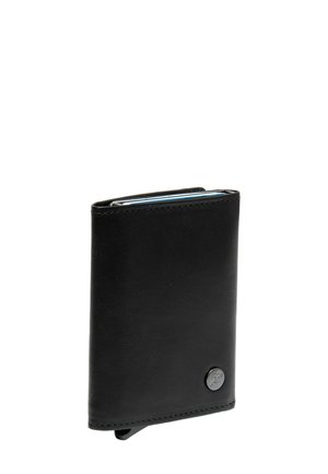 Zwarte leren portemonnee met een gladde textuur, minimalistisch ontwerp, afgeronde hoeken en een klein geperst logo aan de voorkant. Opvouwbare structuur.