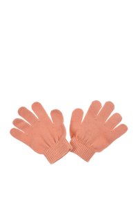 Guantes de lana en suave color melocotón, con un puño ajustado, diseño de cinco dedos y textura suave. Adecuados para mantener las manos calientes y cómodas.