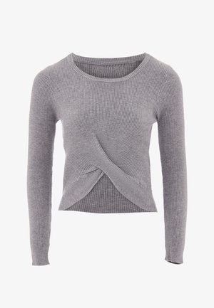 Grau geripptes langärmeliges Sweatshirt mit einem verdrehten Vorderteil, Rundhalsausschnitt und weicher Textur.