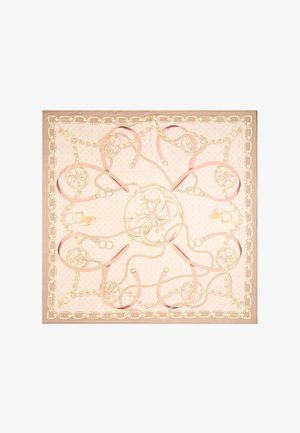 Sciarpa di seta con sfondo rosa pallido, decorata con motivi di catene dorate, nastri, motivi circolari e bordi smerlati in colore contrastante.