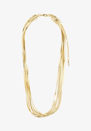 Złoty, wielowarstwowy naszyjnik z gładkimi, elastycznymi metalowymi łańcuszkami o gładkiej fakturze. Zawiera zapięcie typu lobster oraz regulowany łańcuch.