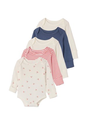 Five long-sleeve baby bodysuits stacked, featuring cream, navy blue, red stripes, and cream with small red cherry prints.